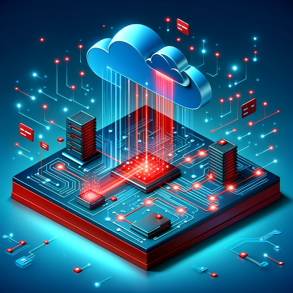 DALL·E 2024-01-04 19.12.39 - A 3D isometric illustration, enhanced with more use of the red color (#B82E2F), to represent migration to cloud. The scene has a stylized digital la